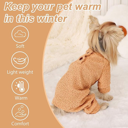 Dog Sweaters for Small Dogs Winter Dog Pajamas Sized Dogs Boy Girl Fleece Pet Clothes Puppy Outfit 4 Legs Jumpsuits for Chihuahua Yorkie Cat Apparel (Khaki, Small)