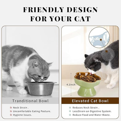 S&Q's CERAMICS Raised Slow Feeder Cat Bowl, Ceramic Elevated Cute Pet Food Bowl Small Dogs Slow Feeder, Flower Shaped Cute Cat Dish for Dry and Wet Food (Brown, 5.8")