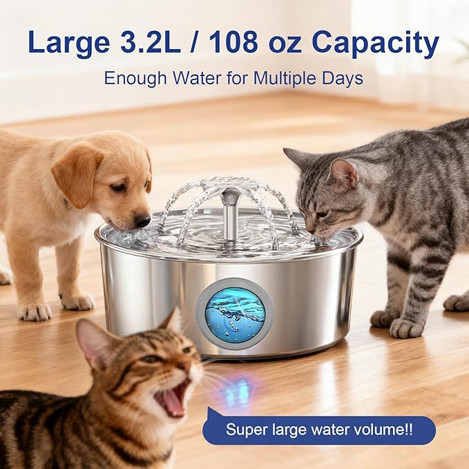 Stainless Steel Cat Water Fountain, 108oz/3.2L Automatic Pet Fountain Water Dispenser for Cats and Dogs, Indoor Cat Fountain for Drinking, Water Fountain for Cats, Pet Water Dispenser