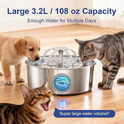 Stainless Steel Cat Water Fountain, 108oz/3.2L Automatic Pet Fountain Water Dispenser for Cats and Dogs, Indoor Cat Fountain for Drinking, Water Fountain for Cats, Pet Water Dispenser