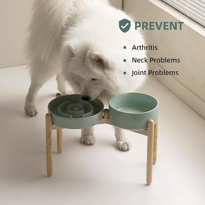 3.2 Cup Ceramic Raised Slow Feeder Dog Bowl Set, Elevated 8.2inch Bowl and 9.5inch Puzzle Slow Food Dish with Wooden Stand for Large Dog, Anti-Gulping (2 x Light Green+ Stand)