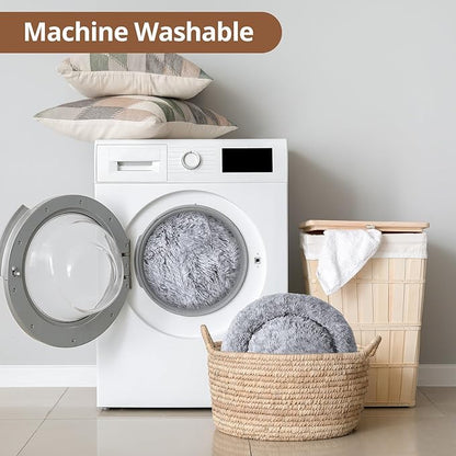 JOLLYVOGUE Small Dog & Cat Beds for Indoor Cats, Donut Cuddler Warming Soft Dog Beds with Anti-Slip Bottom, Round Calming Fluffy Plush Faux Fur Cushion Bed for Large Dogs (36", Smoke Grey)