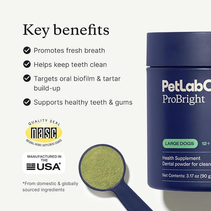 PetLab Co. ProBright Dental Powder - Dog Breath Freshener - Teeth Cleaning Made Easy – Targets Tartar & Bad Breath - Formulated for Large Dogs - Packaging May Vary