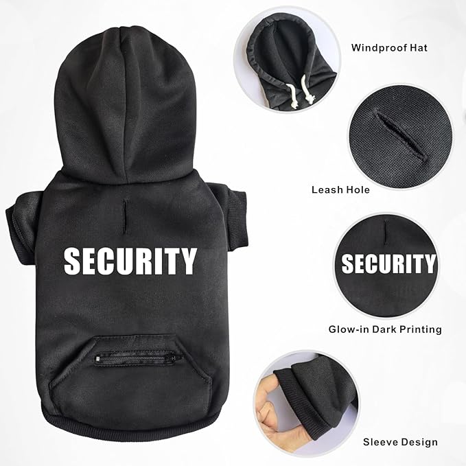 Dog Hoodie Security Glow-in-The-Dark Dog Sweater Sweatshirt Hooded Soft Brushed Fleece Winter Clothes with Dual Pocket Zip Puppy Hoodies for Small Medium Large Dogs Black M