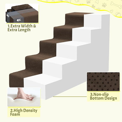 Niubya Dog Stairs for Small Dog and Cats,23”H Non-Slip Bottom Pet Steps for High Beds and Couch,High-Density Foam Pet Stairs Brown,5 Steps