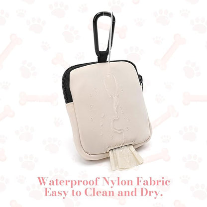 Dog Treat Pouch with Training Clicker,Waterproof Nylon Fabric Poop Bag Holders for Leashes,Hands Free Small Dog Walking Bag with Carabiner, Pet Puppy Training Walking Essentials (Beige)