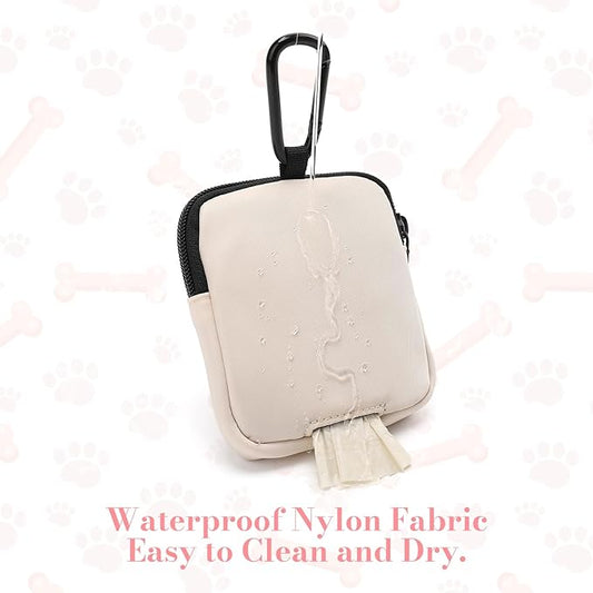 Dog Treat Pouch with Training Clicker,Waterproof Nylon Fabric Poop Bag Holders for Leashes,Hands Free Small Dog Walking Bag with Carabiner, Pet Puppy Training Walking Essentials (Beige)