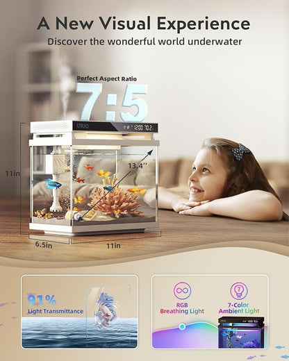 Fish Tank Smart Aquarium Kit: 2 Gal UHD Glass Silent Water Pump Self Cleaning System Temperature Monitoring Essential Oil Diffuser with Humidifier 7 Color Lights Multi-Layer Filtration System - White