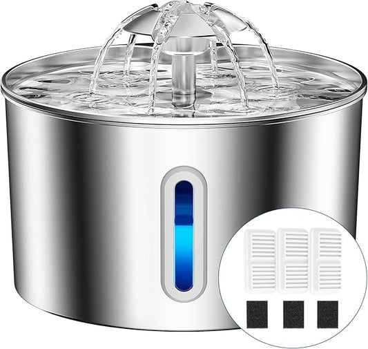 Cat Water Fountain Stainless Steel - 74oz/2.2L Corded Pet Water Dispenser Automatic Silent Cats Dispenser for Drinking Inside Indoor Metal Kitty Spout Fountain with 3 Filters & 3 Sponges