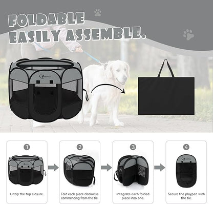 Dark Grey Puppy Playpen for Large Dog Cat, Dogs Tent Crates Cage Indoor/Outdoor, Portable Pop Up Dog Kennel with Carrying Bag for Rabbits, (Dark Grey, Large)