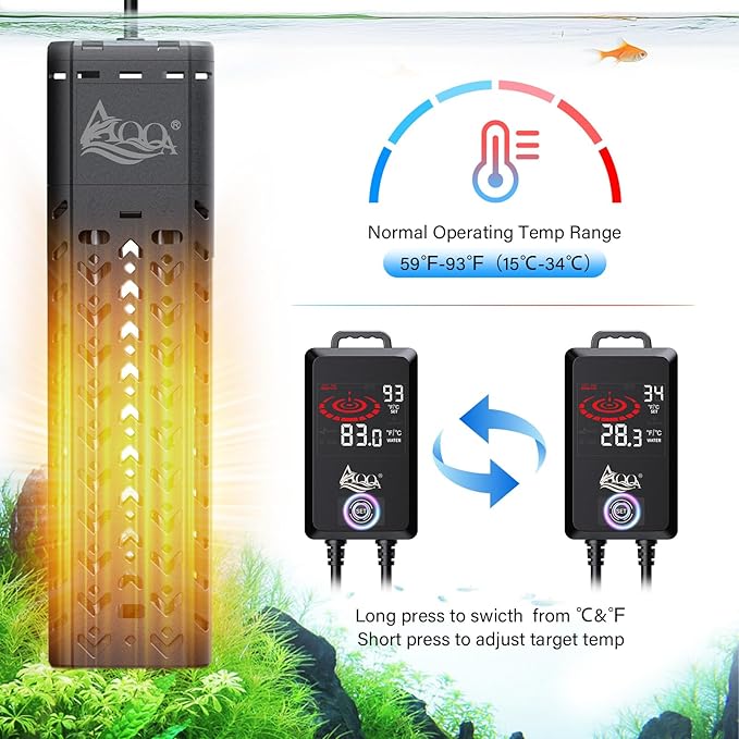 AQQA Aquarium Heater 800W for Large Fish Tank 80-230 Gallon Quartz Glass Submersible Betta Fish Heater with Overheat & Dry-Run Protection Adjustable Temp Range 59-93℉ (AQ197-800W for 80-230Gal)
