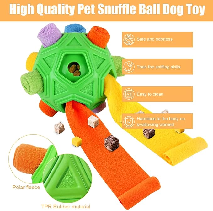 Dog Snuffle Ball-Interactive Puzzle Dog Toys Encourage Natural Foraging Skills Slow Feeder for Training and Stress Relief, Cloth Strip Hiding Food Chew Toys with Squeaky Carrot Toy for Any Size