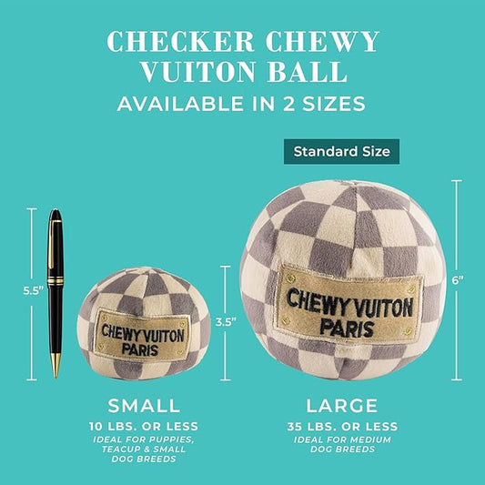 Haute Diggity Dog Checker Chewy Vuiton Ball, Plush Designer Dog Toys with Interactive Squeaker, Stimulating Pet Enrichment, Machine-Washable & Safe Materials for All Breeds, Size Large