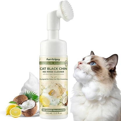 Cat Black Chin Cleaner-Reduce Blackheads and Dirt-No-Rinse Mousse with Built-in Silicone Brush - Witch Hazel and Sophora Extract-pH Balanced Gentle 2-in-1 Grooming 5.1 fl oz