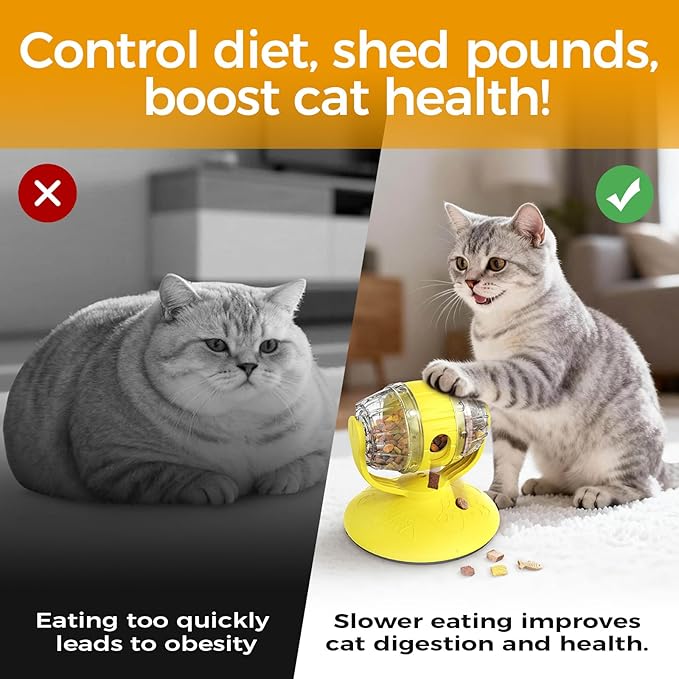 Cats Slow Feeder 4.6" High Cat & Dog Dry Food Dispenser Toy with Wine Barrel Spinner, Treat Dispenser for Boredom & Anxiety Relief, IQ Training for Small/Medium Pets (Yellow)