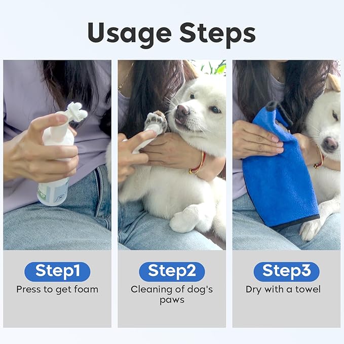 Dog Paw Cleaner & Cat Foot Wash - Gentle No-Rinse Foaming Mousse - PH Balanced Deodorizing Cleanser with Integrated Silicone Brush, 8.8 oz