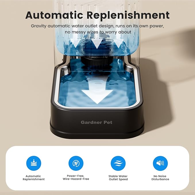 Gardner Pet 2.2 Gallon Automatic Dog Water Bowl Dispenser 8.5L Gravity Water Feeder with Stainless Steel Bowl & Maifan Stone Filter, BPA-Free for for Cats and Dogs (Black, 2.2 Gallon)