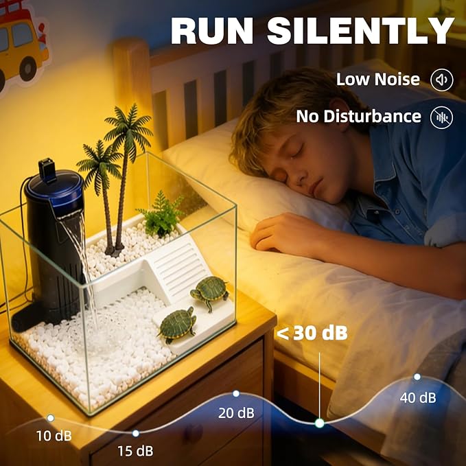 Turtle Tank Filter Aquarium Internal Filter for 3 to 20 Gallon Fish Tank, Bio-filtration Low Water Level Small Power Canister Filter, Frog Shrimp Newt Betta Water Clean, Hang On Back Waterfall Quiet