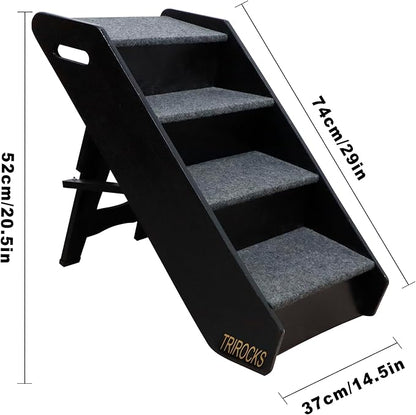 TRIROCKS Wood Pet Stairs Non-Slip Pet Steps - Foldable 4 Levels Dog Stairs & Ramp Perfect for Beds and Cars - Portable Dog/Cat Ladder Up to 130 Pounds