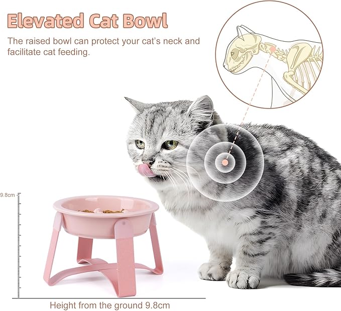 Slow Feeder Cat Bowl, Ceramic Cat Slow Feeder Bowl, Elevated Dog Food Bowl with Metal Stand, Raised Pet Slow Bowls for Dry and Wet Food, 6 Inches, Pink