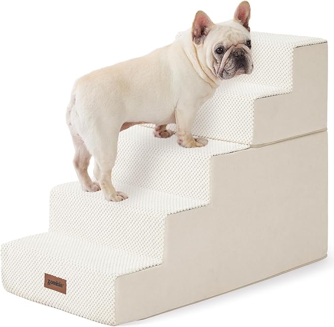 Dog Steps for High Beds - Dog Stairs 2 in 1 with Zippers Suitable for Small Dogs, Foam Pet Stairs with Non Slip Bottom Grey 5 Steps, Beige