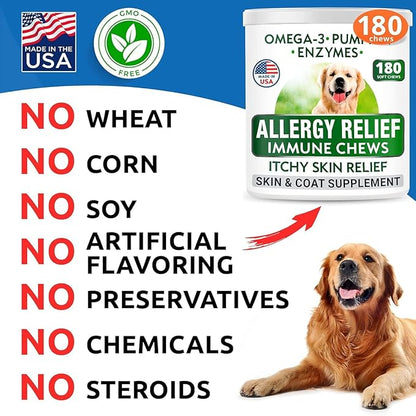 BARK&SPARK Dog Allergy Relief Chews (180 Immune Treats) - Anti-Itch Skin & Coat Supplement - Omega 3 Fish Oil - Dry & Itchy Skin Relief Treatment Pills - Itching, Paw Licking & Hot Spots