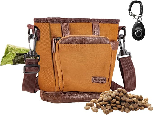 BEAU&FUR Large Dog Treat Pouch with Clicker for Training – 4 Cup Capacity, Built-In Poop Bag Dispenser, Expandable Pocket, Metal Buckle, Large Back Pocket, Ideal for Walks and Training – Light Brown