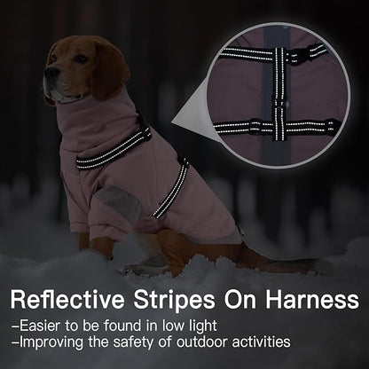 XX-Large Dog Winter Coat with Harness 2 in 1-for Outdoor Walking | Thick and Warm Lining for Cold Winter,Turtleneck Windproof Dog Snowsuit with Sleeves,Night Reflective Harness(Light Pink)