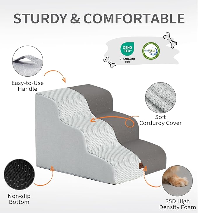 Made4Pets Dog Stairs Ramp for Small Dogs 15.7" H, 3-Step Dog Steps for Bed Couch Sofa and Chair, 35D Foam Pet Steps for Small Dogs and Cats, Non-Slip Bottom Pet Stairs, Light Grey