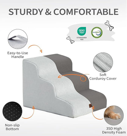 Made4Pets Dog Stairs Ramp for Small Dogs 15.7" H, 3-Step Dog Steps for Bed Couch Sofa and Chair, 35D Foam Pet Steps for Small Dogs and Cats, Non-Slip Bottom Pet Stairs, Light Grey
