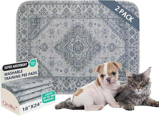 Qeils Washable Pee Pads, Reusable Puppy Pads Super Absorbent Leakproof Dog Training Pads, Non-Slip Wee Wee Pads for Crate, Floor, Potty Pads Feeding Mat Dog Pee 2 Pack 18"x24"