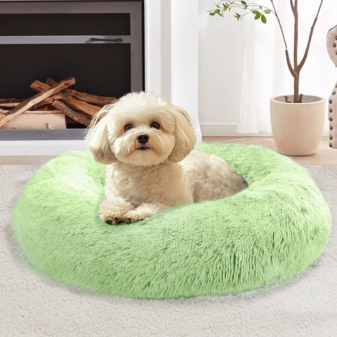 JOLLYVOGUE Small Dog & Cat Beds for Indoor Cats, Donut Cuddler Warming Soft Dog Beds with Anti-Slip Bottom, Round Calming Fluffy Plush Faux Fur Cushion Bed for Small Dogs (20", Light Green)