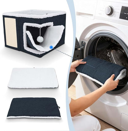 Cat Beds for Indoor Cats,Cat Cave,Cat Scratch House,Foldable Cat Cave Bed for Large and Small Pets,Fluffy Ball and Scratch Pad,16.14x16.14x12.2in,Navy Blue