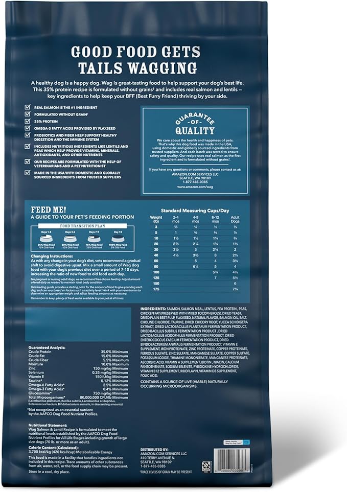 Amazon Brand - Wag Dry Dog Food Grain-Free Salmon & Lentil Recipe, High Protein (24 lb bag)