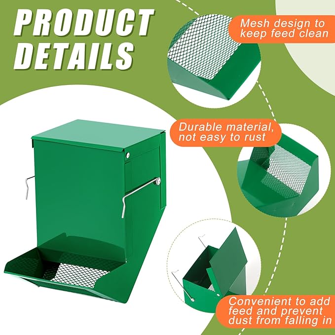 Maxcheck 2 Pcs Rabbit Feeder for Cages Small Animal Food Dispenser with Lid Metal Chicken Grit Oyster Shell Feeders Outside (4.7 Inches,Mesh Bottom,Green)