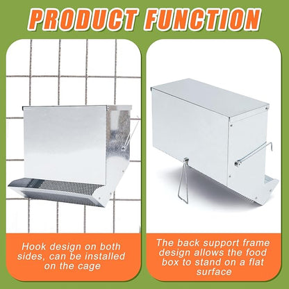 Maxcheck 2 Pcs Rabbit Feeder for Cages Small Animal Food Dispenser with Lid Metal Chicken Grit Oyster Shell Feeders Outside (11.8 Inches,Mesh Bottom,Silver)