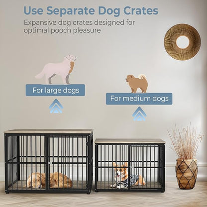 Lyromix 43'' Dog Crate Furniture with 3 Doors, XL Wooden Crate End Table, Heavy Duty Indoor Puppy Cage Kennel for Medium to Large Dogs, Multiple Units Can be Combined