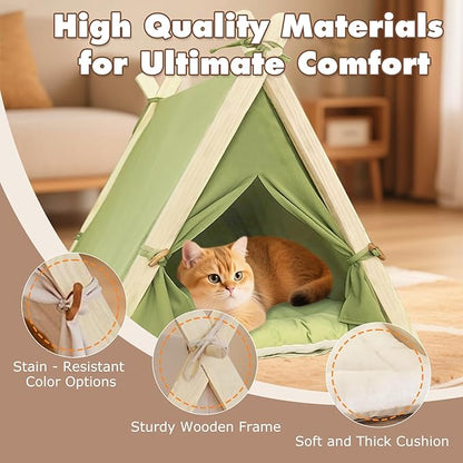 Dog Teepee Tent Bed Indoor,Pet Teepee House for Small Dogs & Cats,Thick Washable Cushion,Portable Dog Tent Bed, Puppy Play House,Grass Green