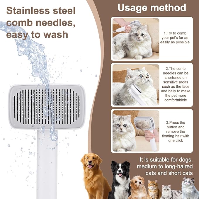 Self Cleaning Deshedding Cat Brush for Dogs & Cats,Adjustable Cat Brushes for Indoor Cats, Easy to Clean Grooming Tool for Long & Short Haired Pets