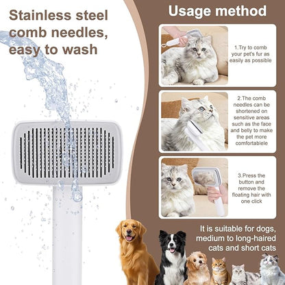 Self Cleaning Deshedding Cat Brush for Dogs & Cats,Adjustable Cat Brushes for Indoor Cats, Easy to Clean Grooming Tool for Long & Short Haired Pets