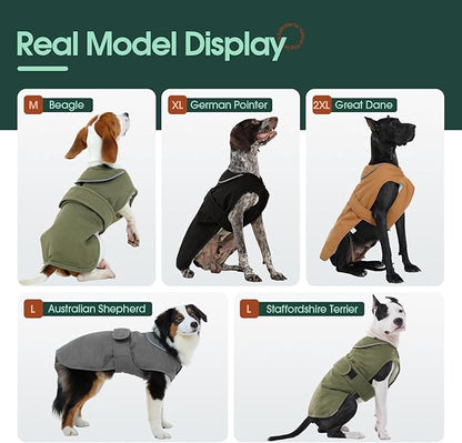 Kuoser Canvas Dog Coat, Warm Dog Jacket Reflective Fleece Pet Cold Weather Coat, Warm Doggie Clothes Waterproof Winter Vest with Zipper Leash Hole for Small Medium Large Dogs, Grey M