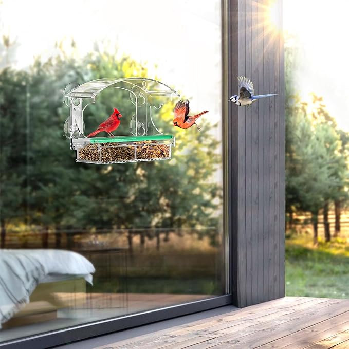 BPYOT Clear Acrylic Window Bird Feeder for Outside with 4 Strong Suction Cups and Detachable Seed Tray, Highly Transparent Outdoor Viewing Birdfeeder, Wild Bird House Box