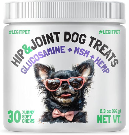LEGITPET Hemp Hip & Joint Supplement for Dogs Soft Chews Made in USA Functional Glucosamine for Dogs Chondroitin MSM Turmeric Hemp Seed Oil Natural Pain Relief Mobility Advanced Joint 30 Treats