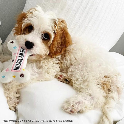 Haute Diggity Dog White Chewy Vuiton Bone, Plush Designer Dog Toys with Interactive Squeaker, Stimulating Pet Enrichment, Machine-Washable & Safe Materials for All Breeds, Size Large