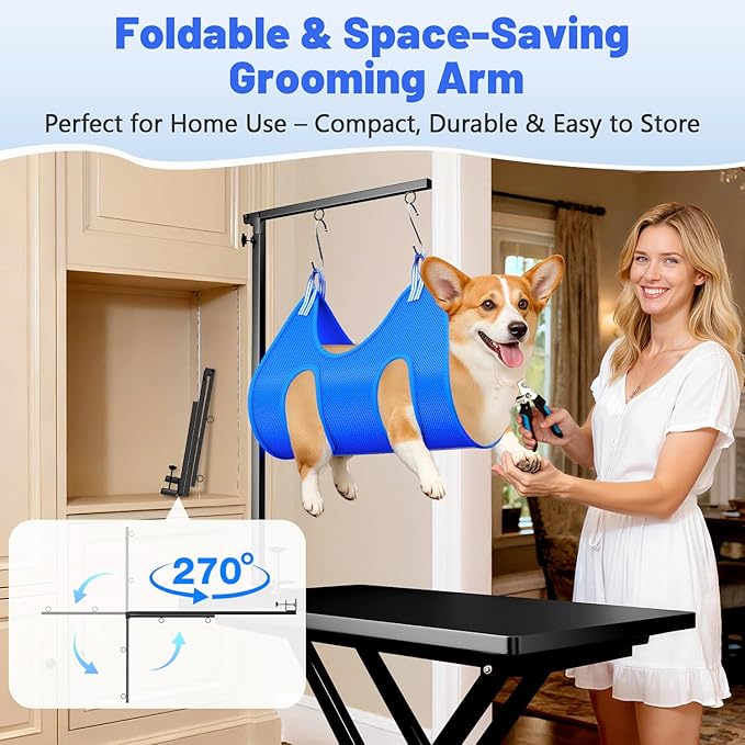 AUORC Dog Grooming Arm with Hammock, Adjustable 26"-38" Foldable Grooming Table Arm with Clamp & 2 No-Sit Holders, Heavy Duty for Small & Medium Dogs, Includes Nail Clippers (Table Not Included)