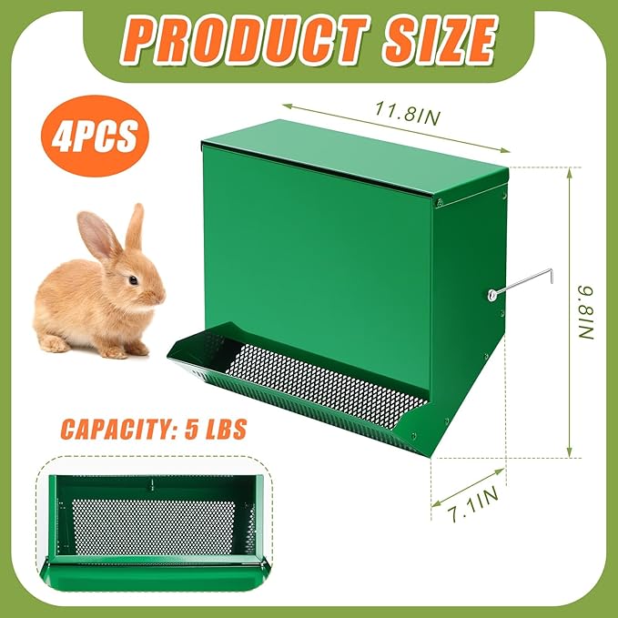 Maxcheck 4 Pcs Rabbit Feeder for Cages Small Animal Food Dispenser with Lid Metal Rabbit Feeders Outside for Guinea Pig(11.8 Inches,Green)
