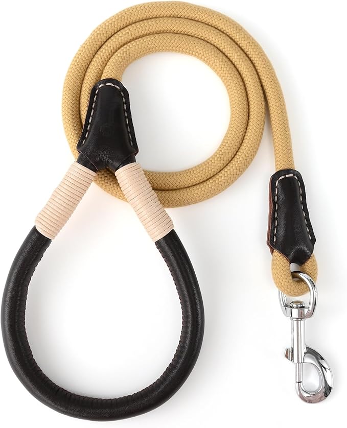 Mile High Life Genuine Leather Wrapped Handle Dog Leash, w Heavy Duty Clasp Rope Leash for Small Medium Large Dogs (Yellow, 6FT)