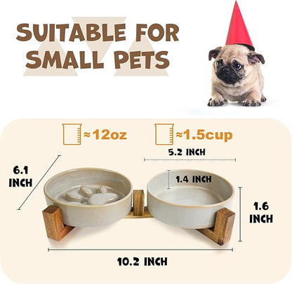 Ceramic Slow Feeder Dog Bowl Set with Stand, Cute Paw Slow Feeding Food Bowl and Water Bowl for Small Breed, 5.2" Ceramic Non Slip Dog Dishes, Grey