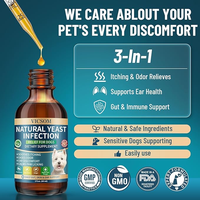 VICSOM Natural Dog Yeast Infection Treatment for Dogs, 2 Pack Itchy Skin & Ear Treatment Natural Support Allergy Relief, Dog Yeast Infection Relief, Irritation, Itching & Inflammation, 60ml x2