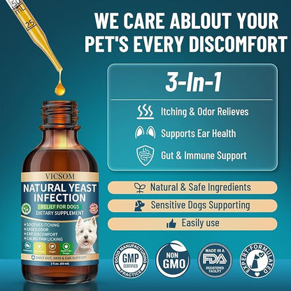 VICSOM Natural Dog Yeast Infection Treatment for Dogs, 2 Pack Itchy Skin & Ear Treatment Natural Support Allergy Relief, Dog Yeast Infection Relief, Irritation, Itching & Inflammation, 60ml x2